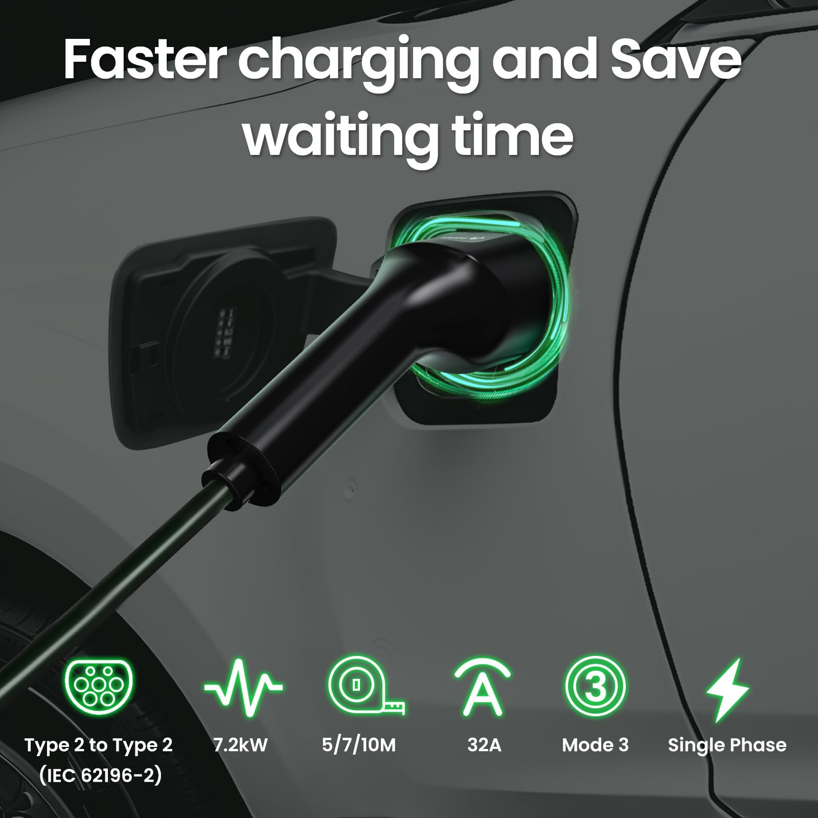 GONEO Type 2 EV Charging Cable 7.2kW/5M/32A/1-Phase Type 2 to Type 2 Mode 3 EV/PHEV Charging Cable With Portable Bag — view 8