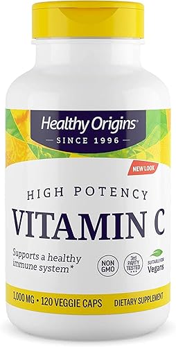 Healthy Origins Vitamina C (sin OMG), 1,000 mg - Vitamina C vegana - Ácido ascórbico para apoyo inmunológico - Apoya la función celular - Suplemento