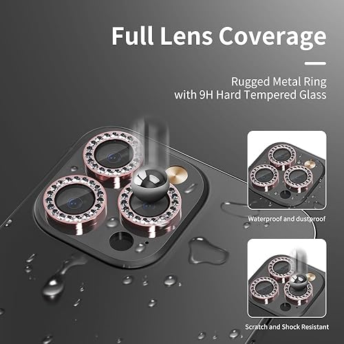 Miniatura 2 de 15 protectores de lente de cámara con purpurina para iPhone 15 Pro15 Pro Max, diamantes de metal brillante de dureza 9H, vidrio templado, protección