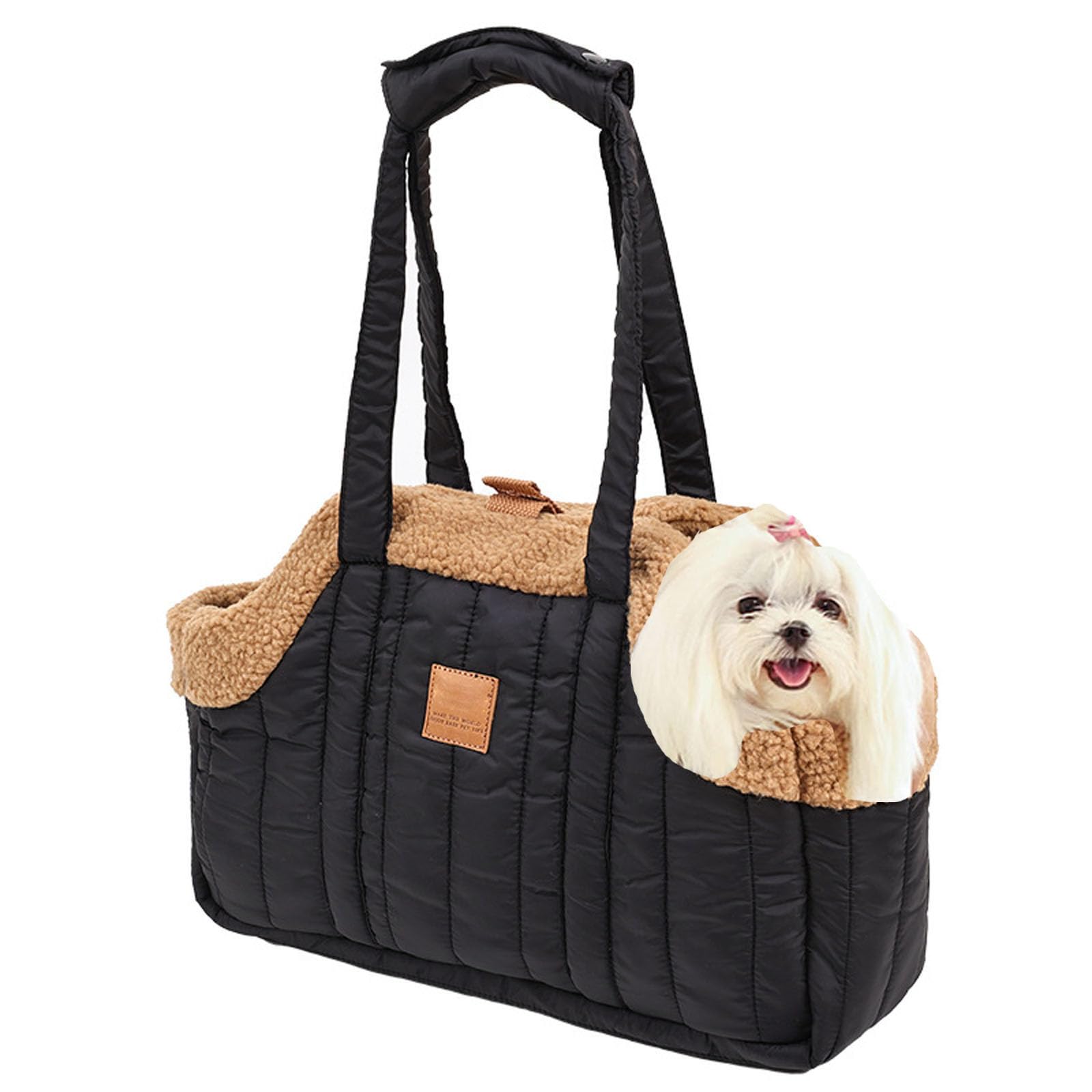 Small Dog Purse Fleece Warm Pet Tote Bag, Portable Large Capacity Cat Bag, With Secure Harness Clip For Puppy Travel Handbag For Shopping Hiking Walking (Black)