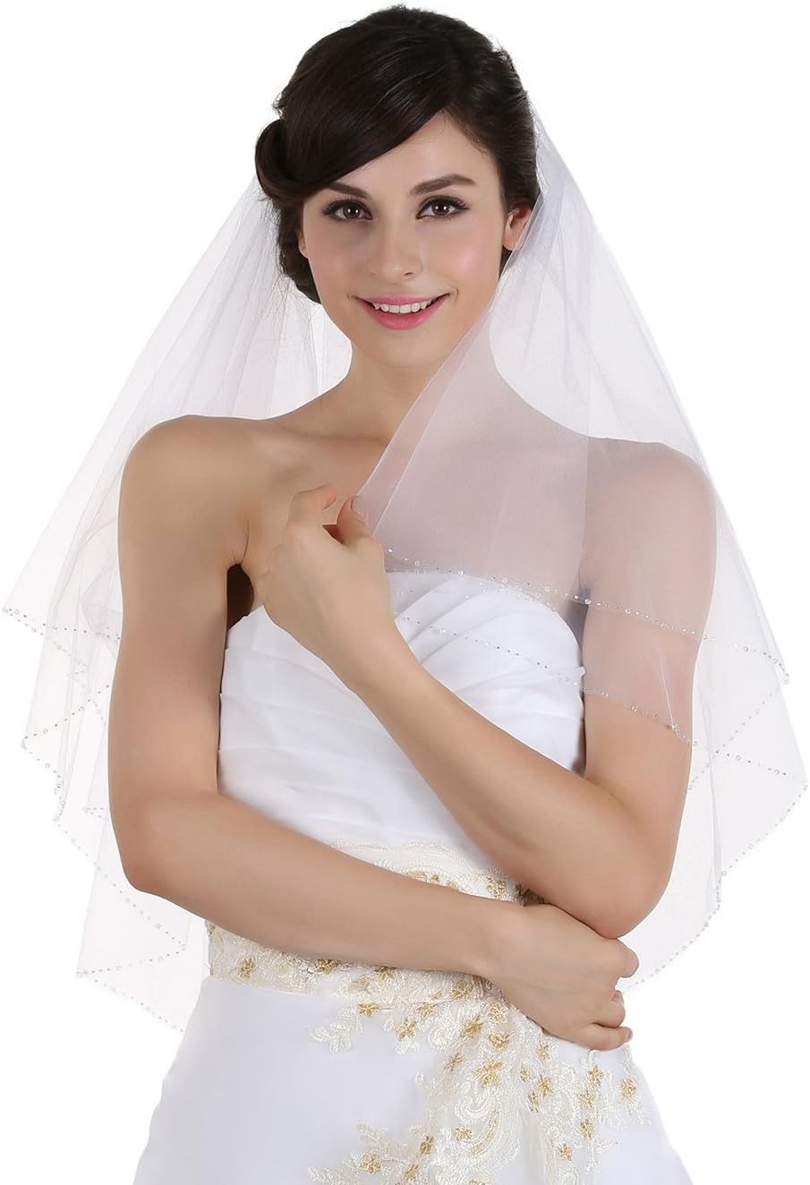 SAMKY 2T 2 Tier Clear Crystal Beaded Bridal Wedding Veil - Image 2