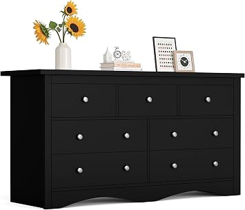 Furmax Dresser for Bedroom, 7 Wood Dresser, Chest of Drawers, for TV up to 65 inch, TV Stand Storage Chest of Drawers for Hallway Entryway Black