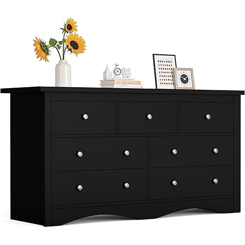 Furmax Dresser for Bedroom, 7 Wood Dresser, Chest of Drawers, for TV up to 65 inch, TV Stand Storage Chest of Drawers for Hallway Entryway (Black)