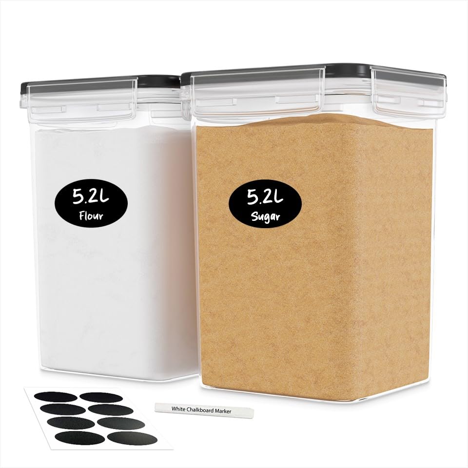 Image of DWELLZA KITCHEN Large Flour Sugar Storage Containers Set of 2; 175 FL. oz - 5.2L Plastic Airtight Food Storage Containers with Lids for Kitchen Pantry Organization - Food Containers, Labels & Marker