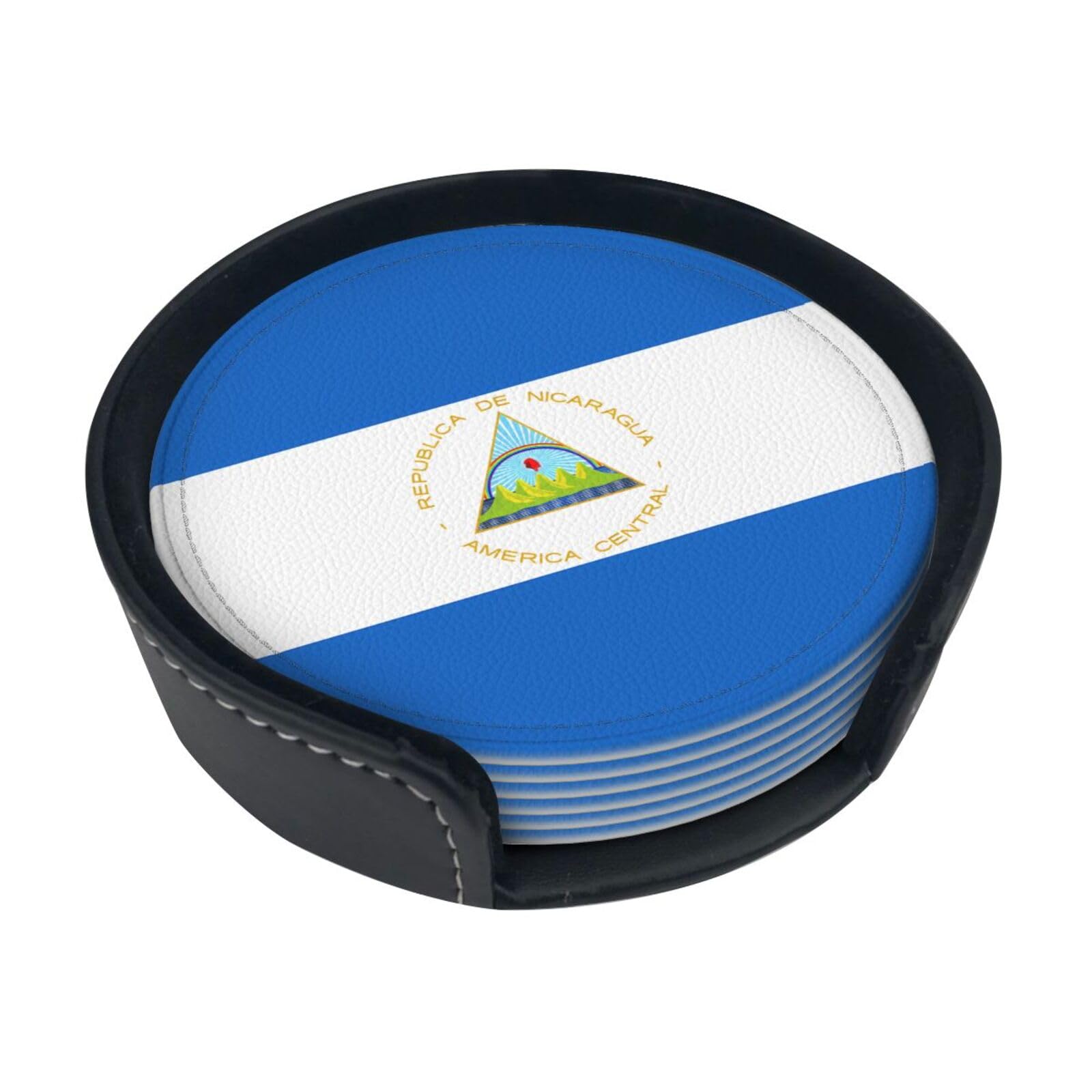 Cntdbu White Flag Of Nicaragua Leather Coasters Set Of 6-Pu Leather Drink Mats For Table, Heat Resistant Round Coasters With Holder