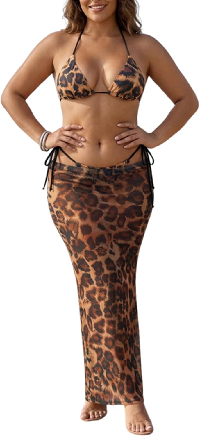 3 Piece Swimsuits for Women Sexy Halter Triangle Bikini Set with Long Sheer Mesh Cover Up Skirt