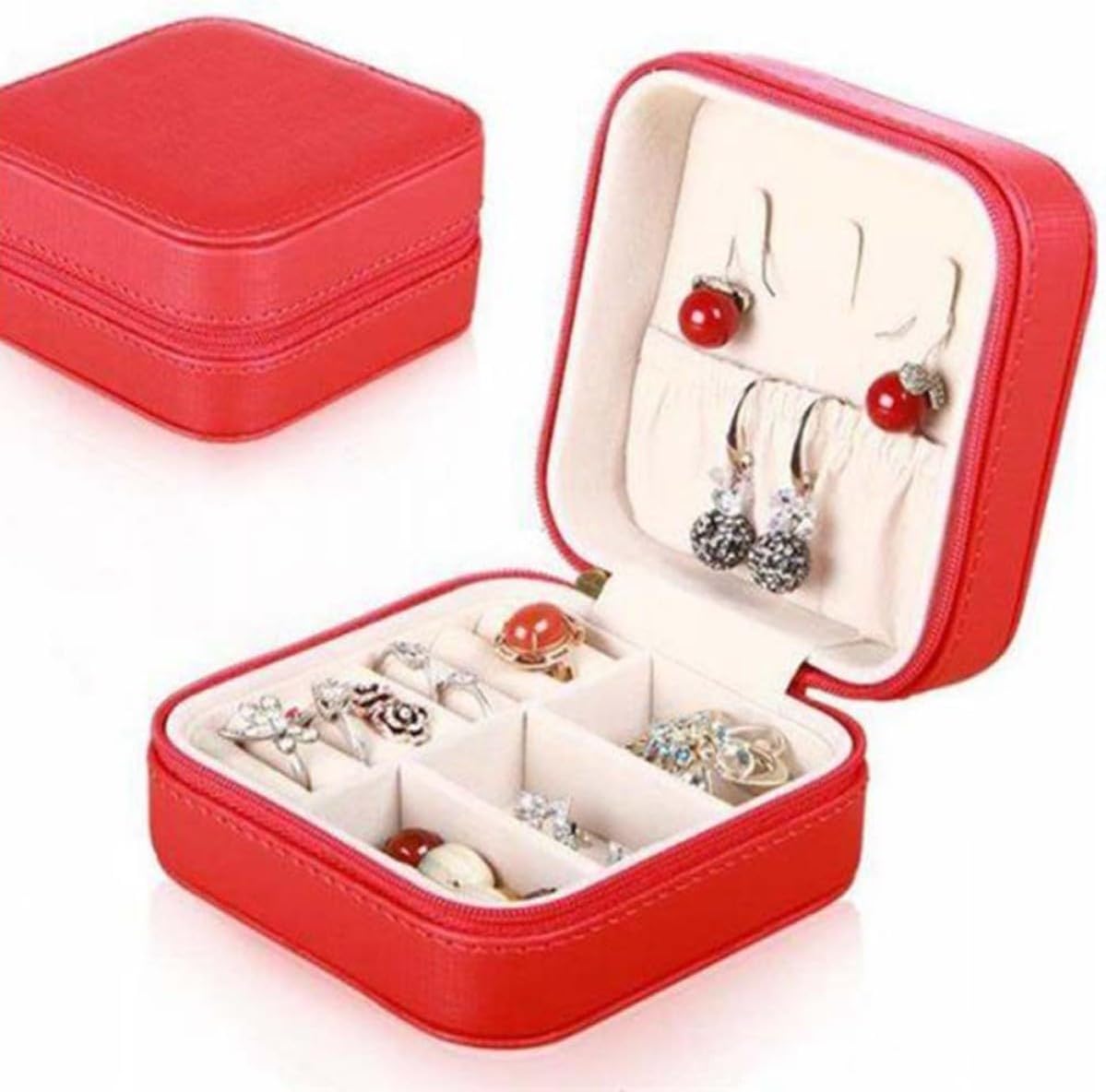 Small Jewelry Box Portable Travel Case in PU Leather Red image 3