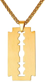 Punk Necklaces Stainless Steel 18K Gold Plated Large Hip Hop Dagger/Knife/Sword/Steampunk Gear/Large Razor Blade Pendant Necklace for Men Women, Chain 22-24 Inches