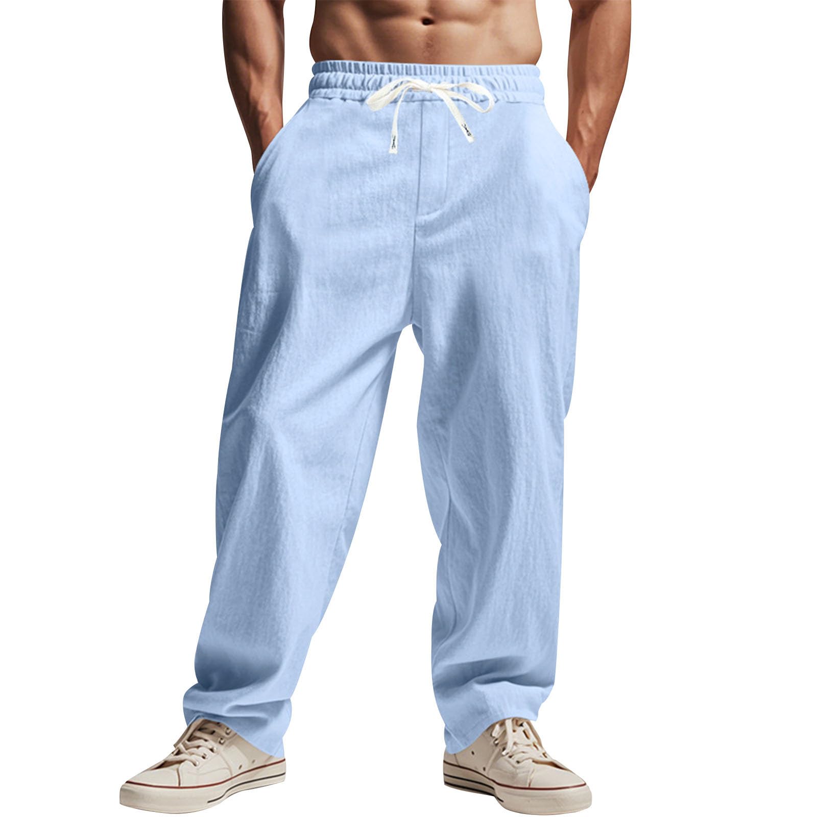 Mens Linen Pants Casual Summer Beach Pants Straight-Legs Elastic Waist Drawstring Lightweight Trousers with Pockets