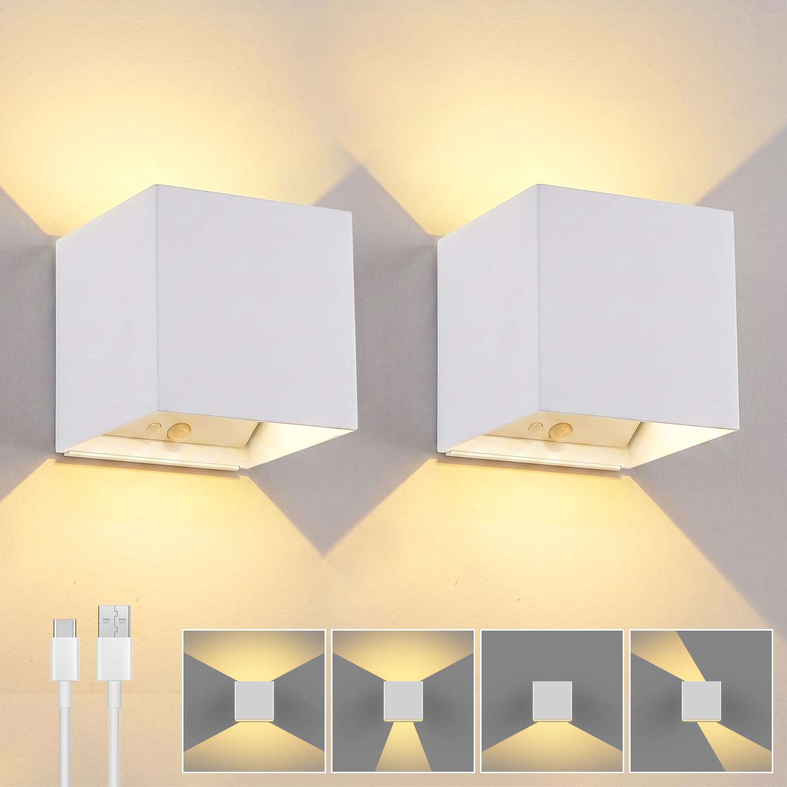 2 Piezas Lampara de Pared Interior con Detector de Movimiento, 3600mAh Batería Aplique de Pared Recargable USB, 6W LED Lámpara Pared Sin Cable, 3000K Lámpara Magnetica para Dormitorio Pasillo, Blanca