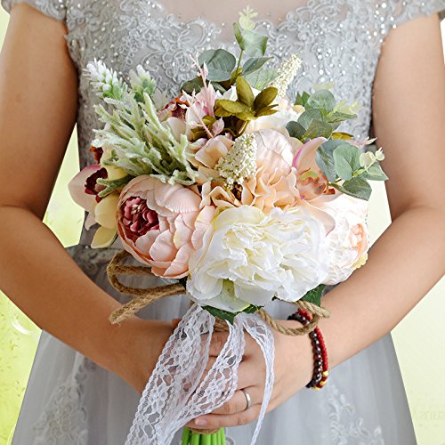 Abbie Home 5pcs Wedding Bouquet Kit - Artificial Roses Peony Lily Bridal Flowers Wrist Corsage Boutonnier Set - Thumbnail 2