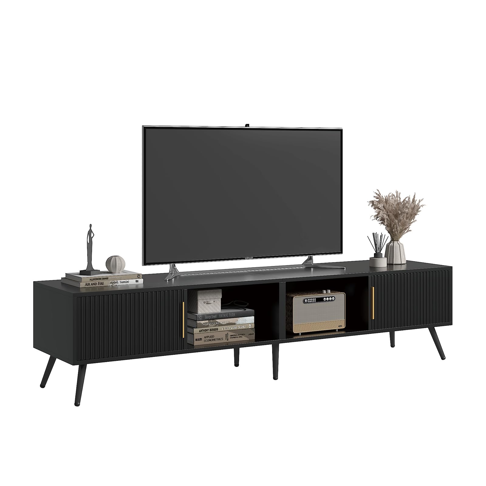 KEEPREAPER TV Schrank 171cm, Lowboard Modern mit Wellenfront und Metallgriffen, TV Lowboard Stehend für 75 Zoll Fernseher, Fernsehtisch mit Kabeldurchlass für Wohnzimmer (Schwarz)