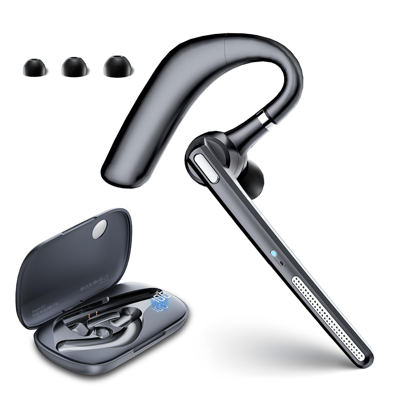 Bluetooth Headset V5.3, Wireless Earpiece with 500mAh Charging Case Hand-Free Headphones Noise Canceling Mic for Office/Driving/Business