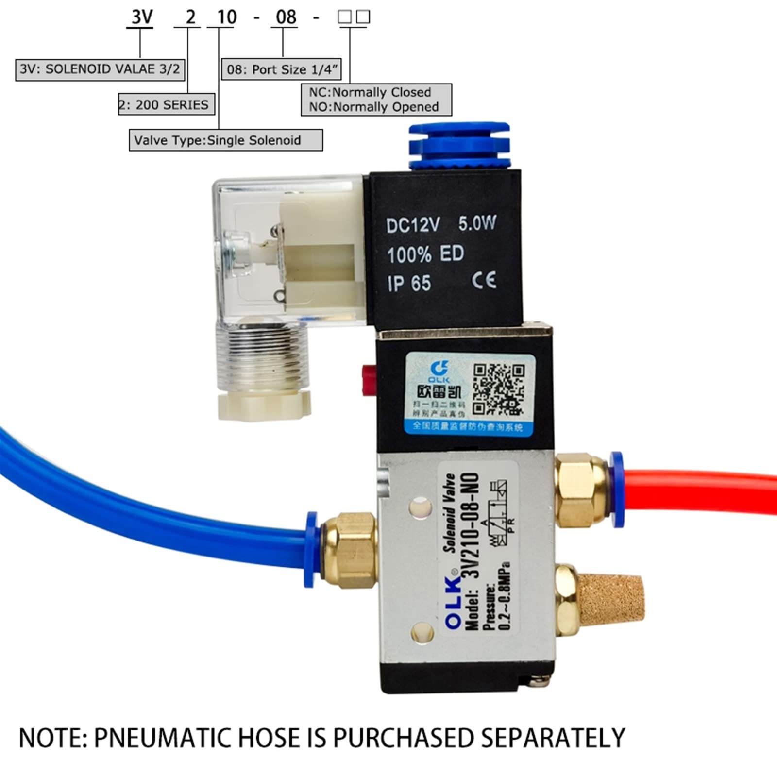 3V210-08 3-drożny elektryczny pneumatyczny zawór elektromagnetyczny 2 pozycje kontroli powietrza gazu zawór magnetyczny 12V 24V 220V cewka woltowa złączki do węży (3V210 08 NO DC24V, z mocowaniem 10