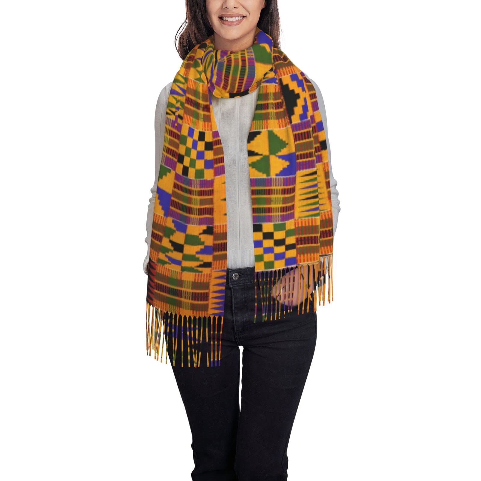 Angyang Unisex As Picture Scarf Ghana Kente Womens Large Soft Cashmere Feel Shawls Wraps Light Stole 192X75 Cm