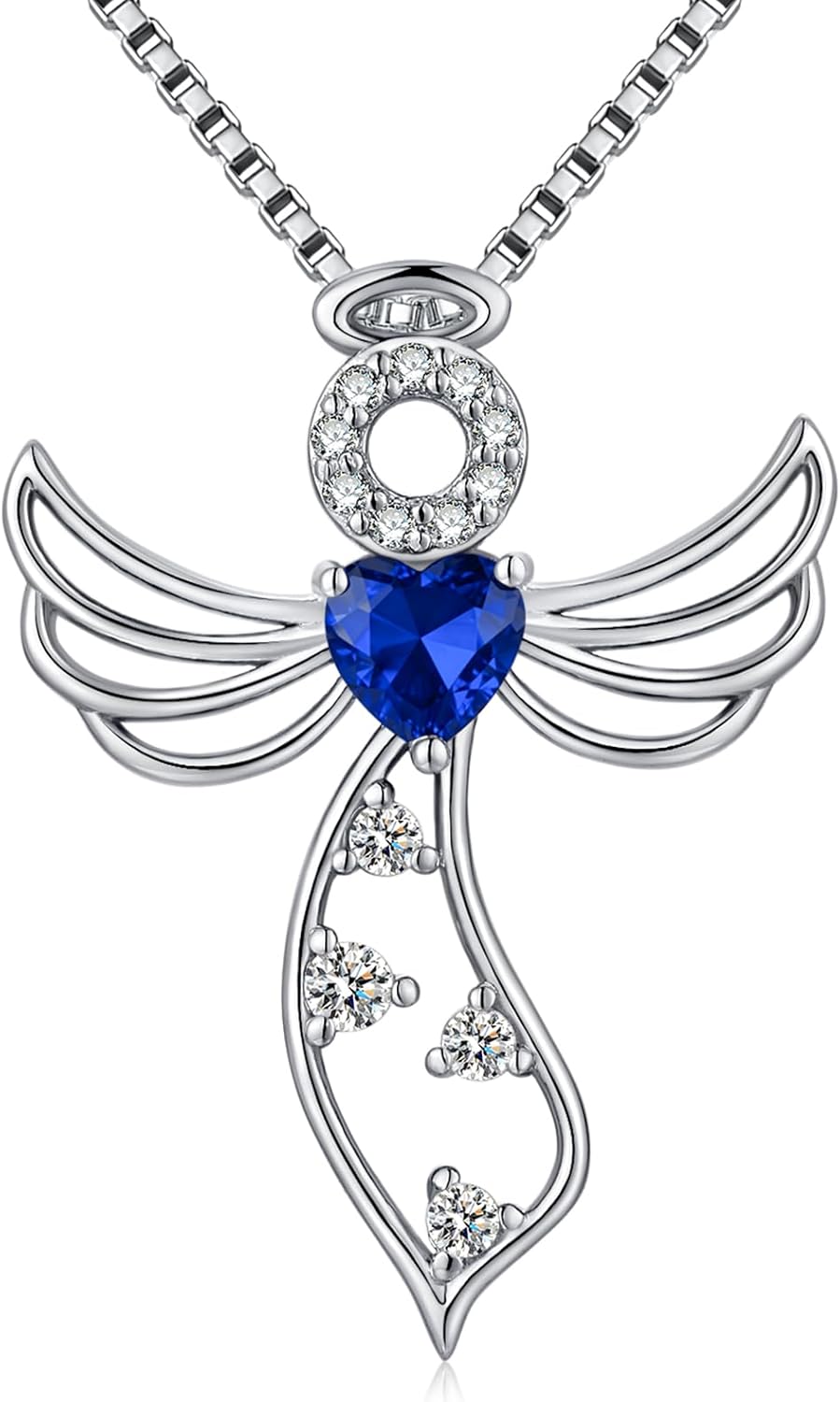 925 Sterling Silver Guardian Angel Pendant Necklace for Women - Birthstone Cubic Zirconia, 18" Chain, Gift for Her