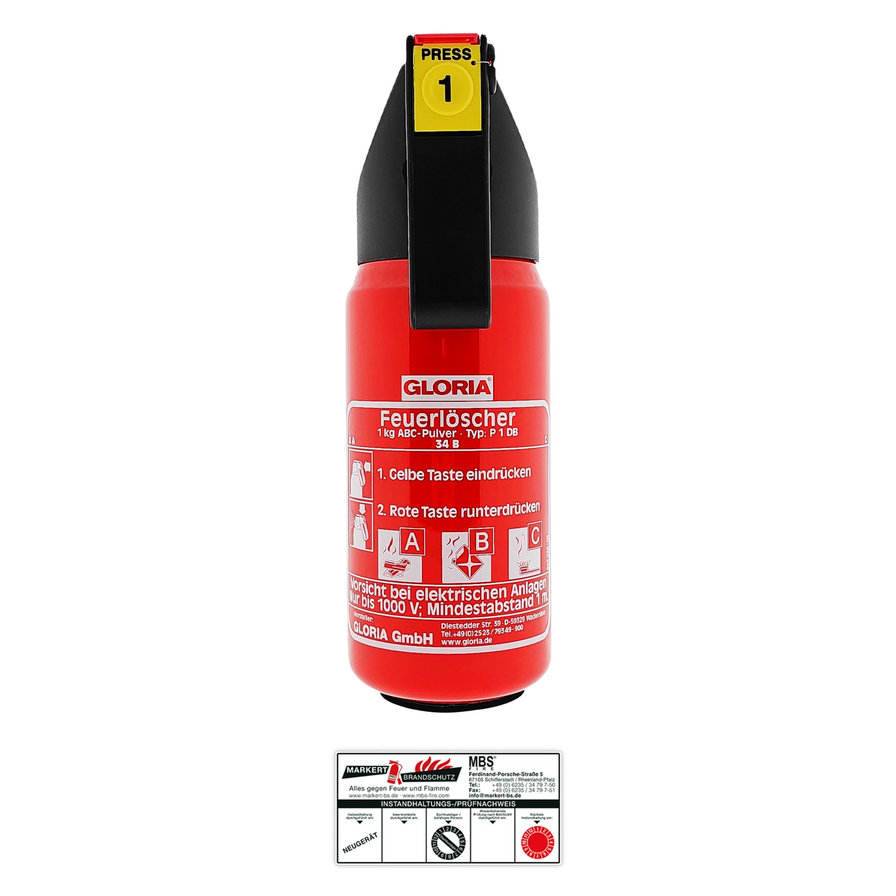 Gloria KFZ Auto-Pulverlöscher P1DB, 1kg Brandklasse ABC Halterung u. Plakette