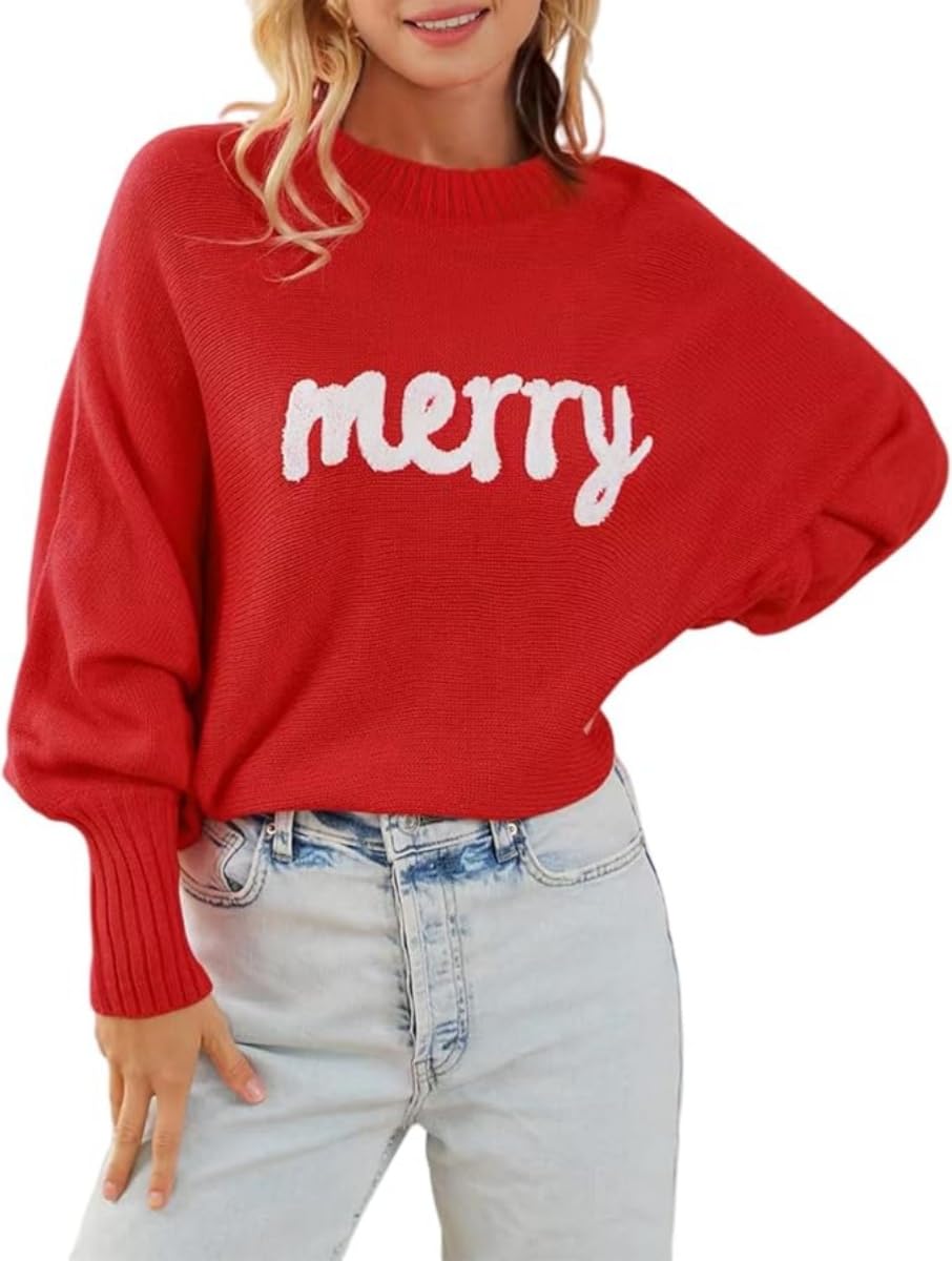 Merry Christmas Sweaters for Women Merry and Bright Graphic Long Batwing Sleeve Pullover Winter Xmas Sweater-image-2