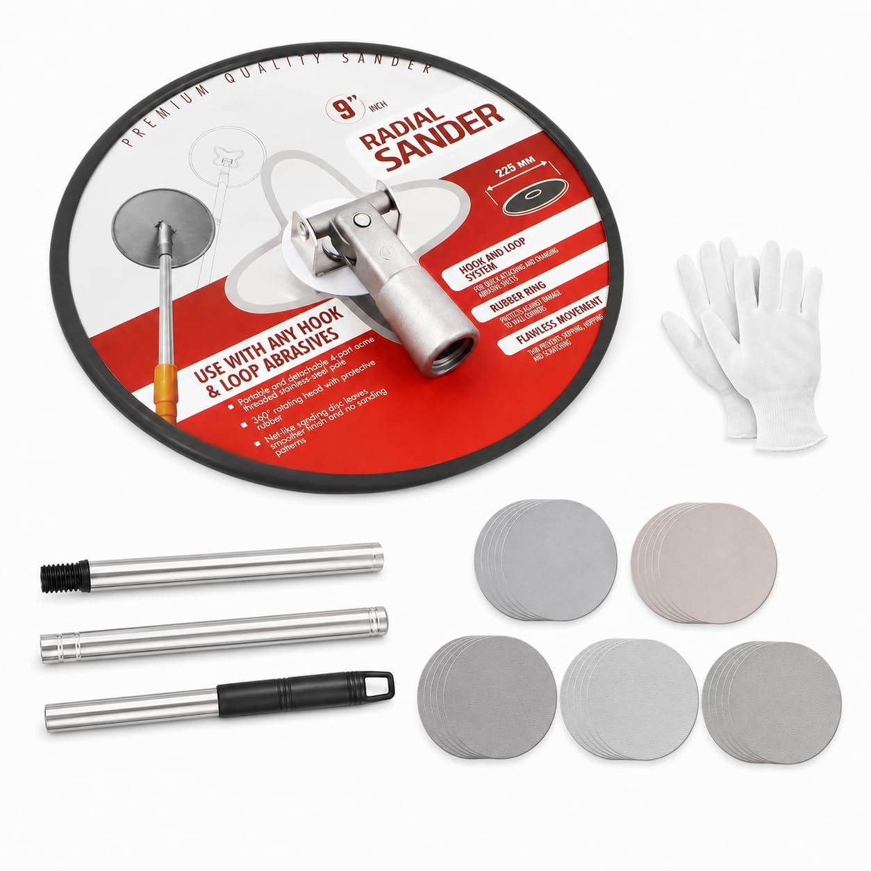 Lijadora de paneles de yeso de 9 pulgadas con poste de extensión para limpieza y pulido de paredes, lijadora de pared para preparación de pintura, lijadora radial circular de 360 grados + 25 discos de