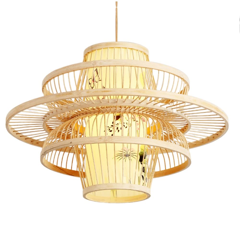 LYMSXAZOU Bamboo Pendant Light 1 mid Century Lamp With Wood Canopy Lantern Hanging Rattan Chandelier Ceiling Lighting Fixture for Kitchen Island, Bedroom, Dining Room, Entryway,1-Pac