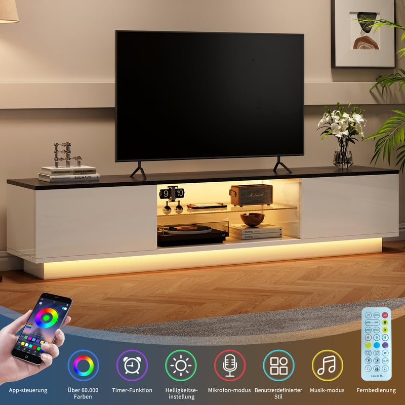 Szafka pod telewizor z oświetleniem LED, drewniany stolik telewizyjny z 2 drzwiami i szklanymi półkami, ławka telewizyjna 160 cm, konsola TV, szafka telewizyjna, szafka pod telewizor 55-65