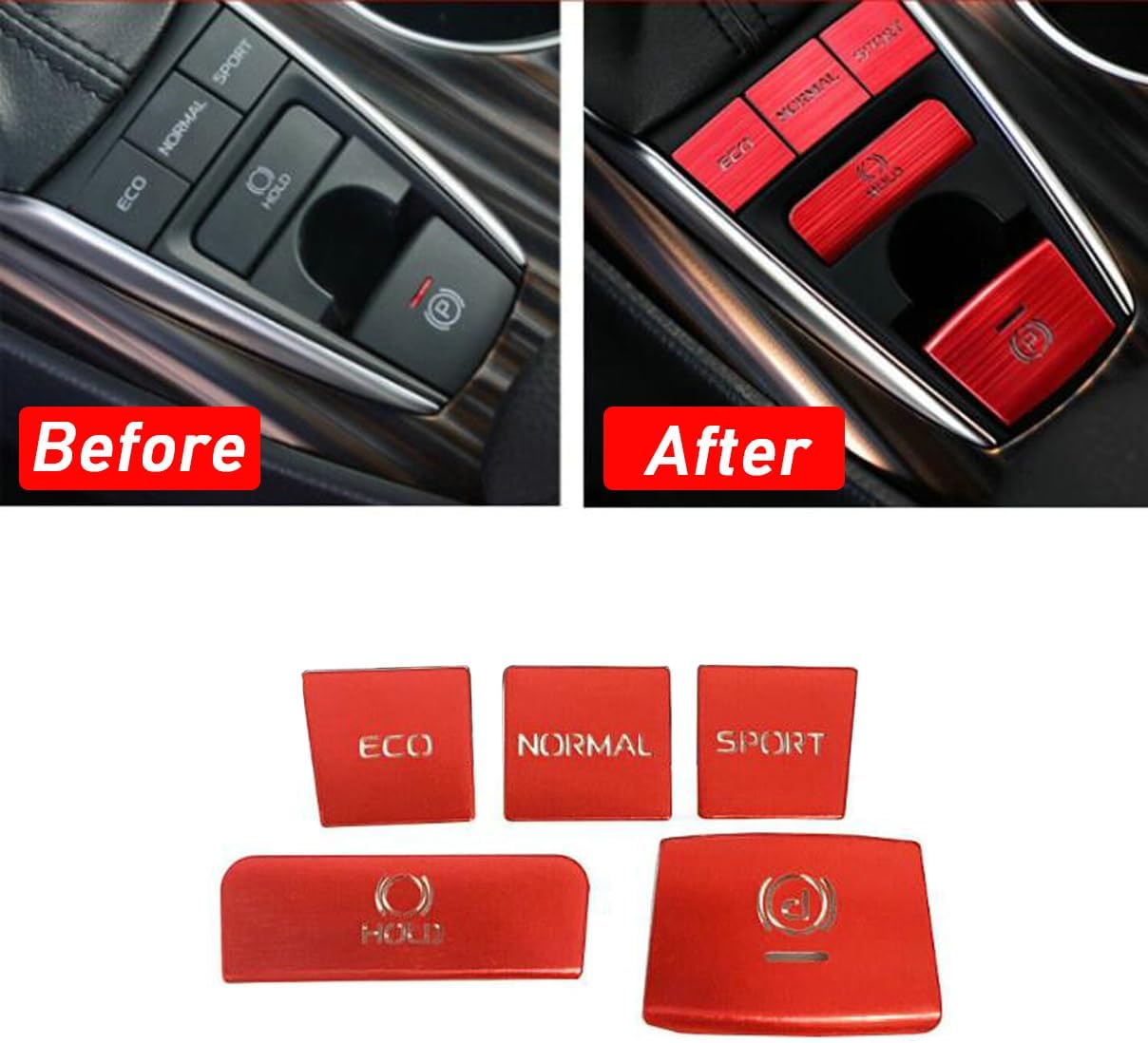 5pcs RED Compatible for Toyota Camry 2018-2022 Gear Shift Panel Button Cap Decor Switch Frame Trim Aluminum Alloy Cover