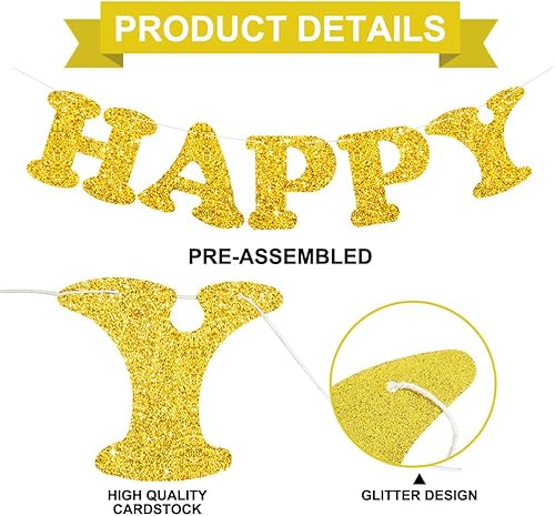 Miniatura 2 de Cartel dorado de feliz cumpleaños, sin bricolaje, pancarta de fiesta de cumpleaños con purpurina dorada, pre-encordada, guirnalda de cumpleaños