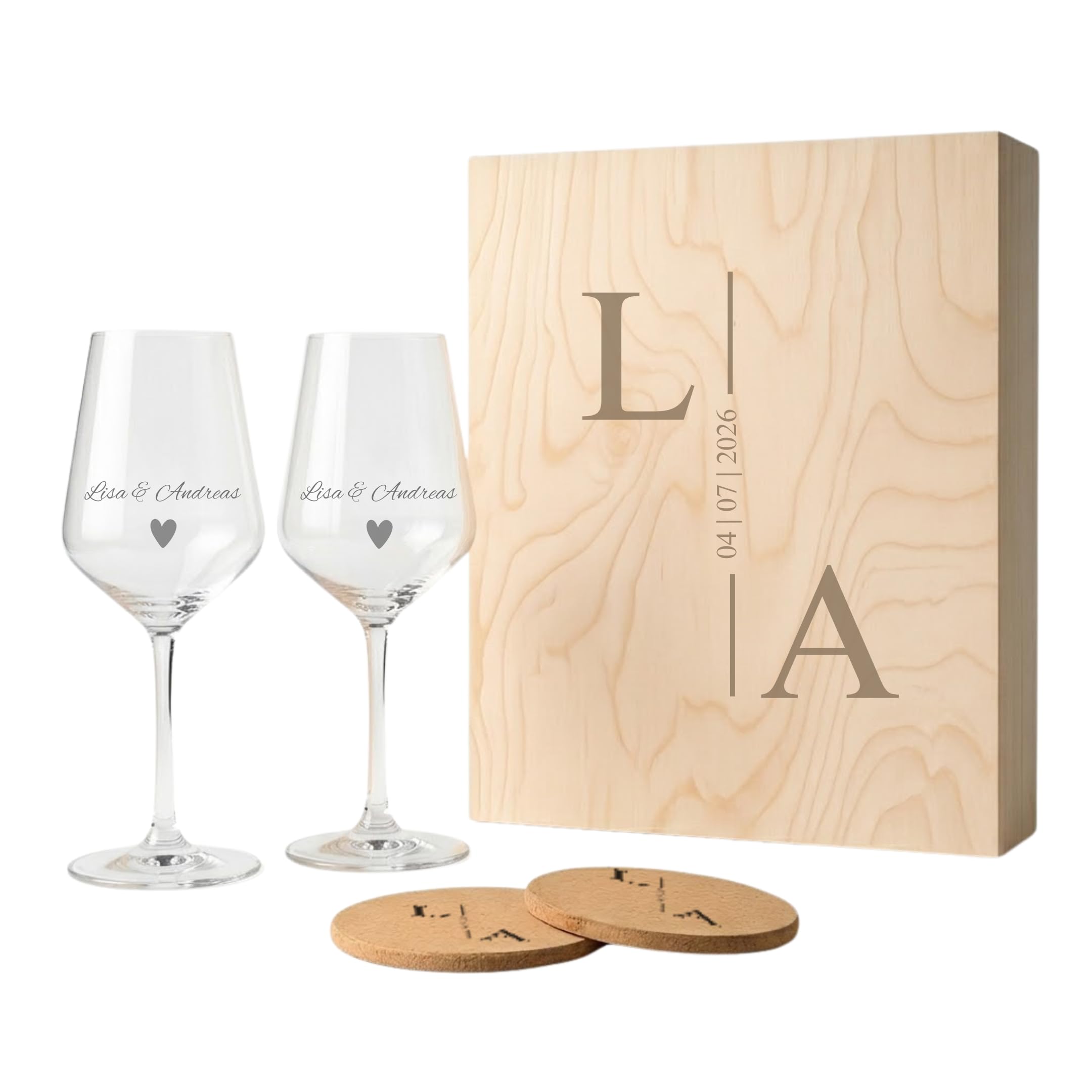 Weinglas Set Paar personalisiert mit Namen Gravur – 2 Weingläser + Holzbox + 2 Untersetzer – Hochzeitsgeschenk Jahrestag Verlobung (Weinglas Set Paar Initialen graviert)