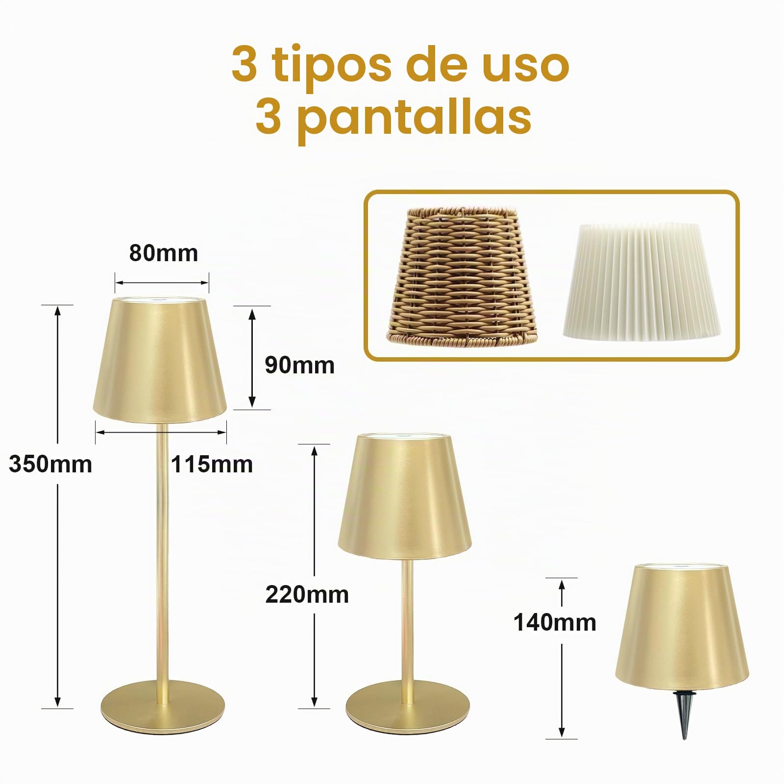 Lámpara de Mesa Inalámbrica Recargable 3000K/4000K/5000K Blanco Cálido/Frío ANTELA LED Atenuable Interior Exterior para Mesa de Comedor Balcón Jardín Terraza, Dorada, 2 Unidades