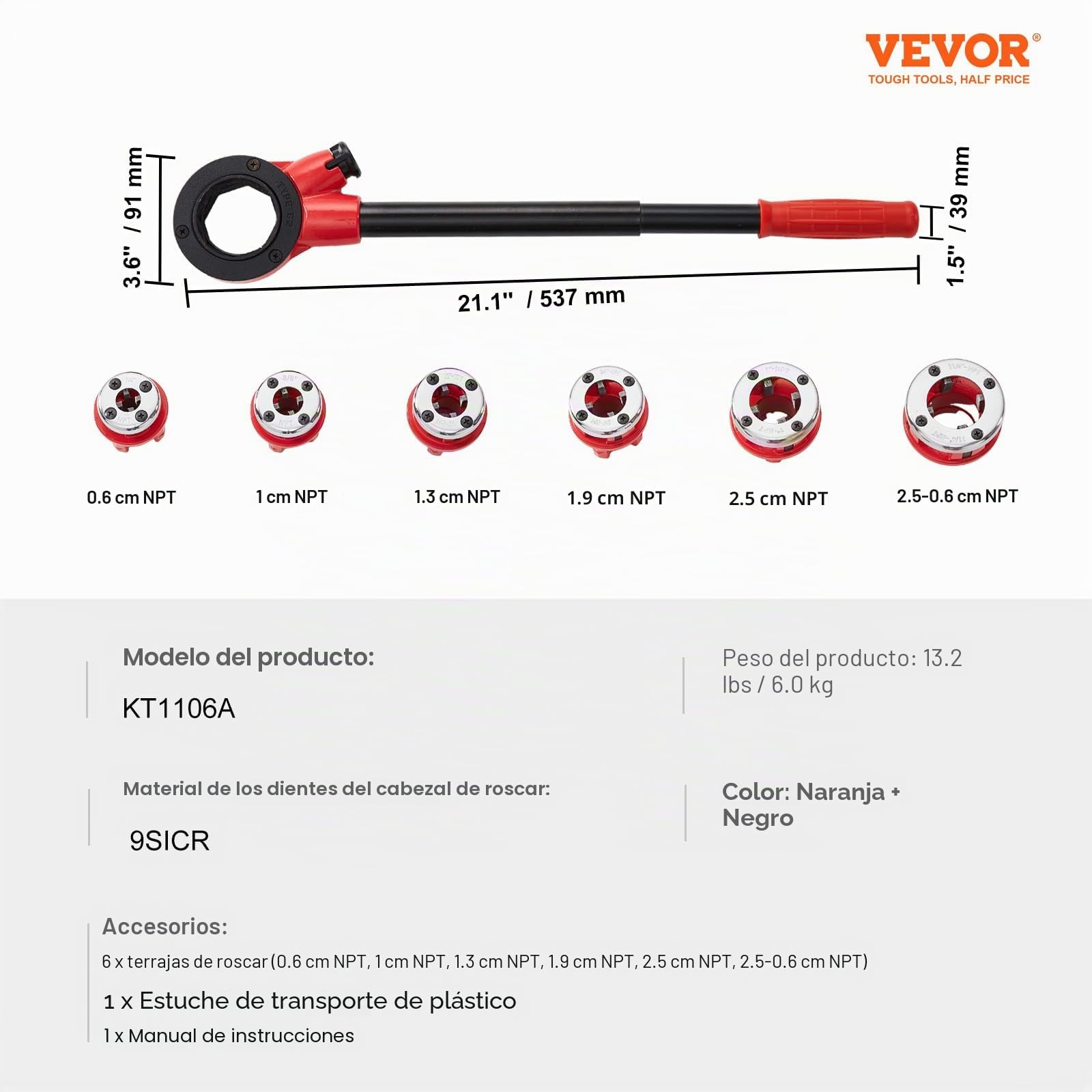 VEVOR Kit de Roscado de Tubos con Trinquete 1/4" NPT ~ 1-1/4" NPT Juego de Troqueles de Fontanero Manual Portátil 6 Troqueles NPT Estuche de Almacenamiento para Plomería Tubos de Aluminio Hierro Cobre