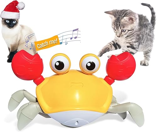 HONGID Crawling Crab - Juguete interactivo para gatos, sensor de evitación de obstáculos, sonidos y luces musicales, juguetes para gatos de interior