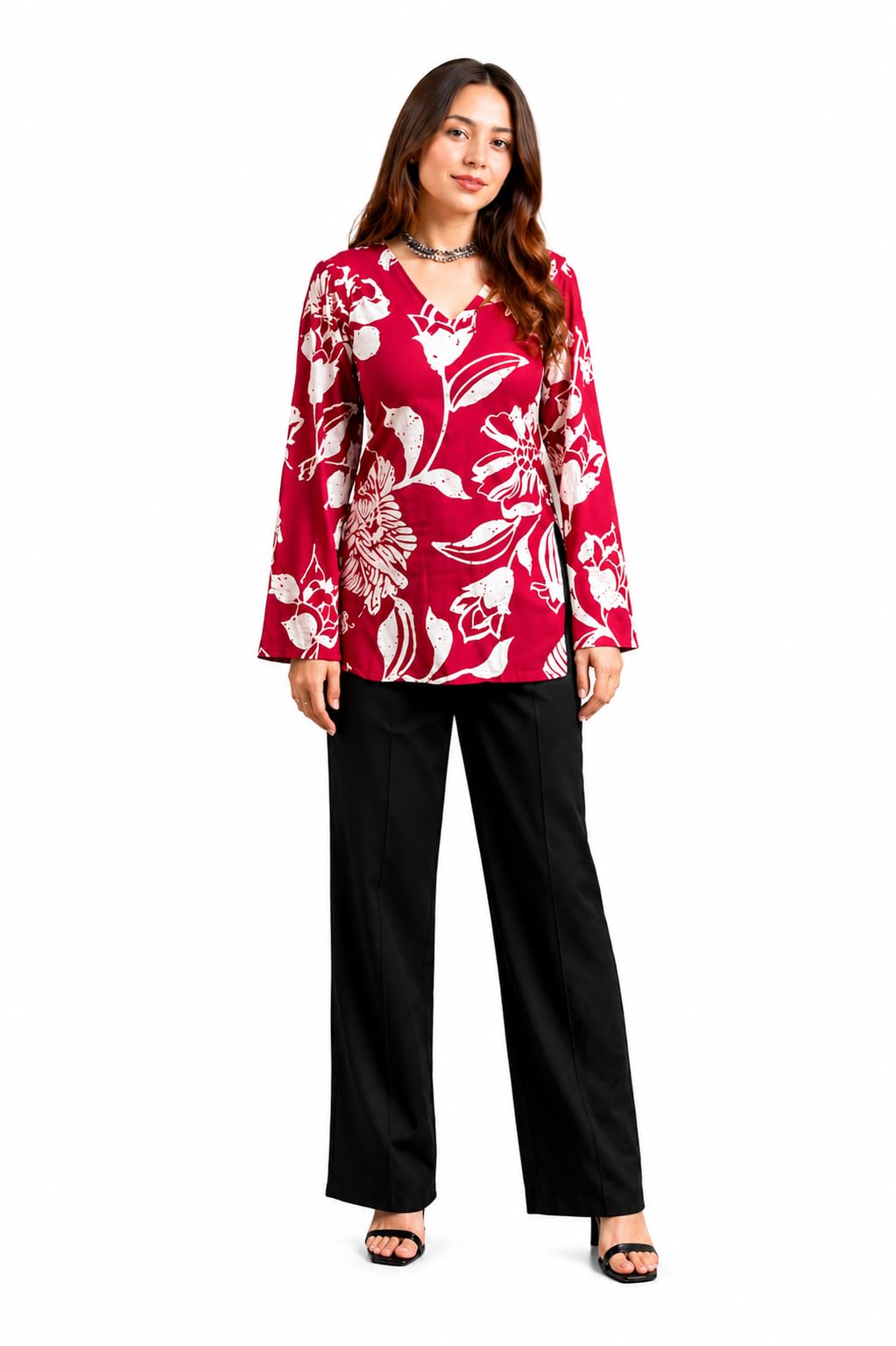 nadika Women's Red Floral Print V-Neck Top with Bell Sleeves-picture-10