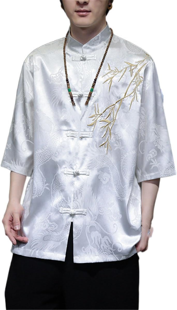 Men's Shirt Summer Embroidered Iced Silk Chinese Style Tops