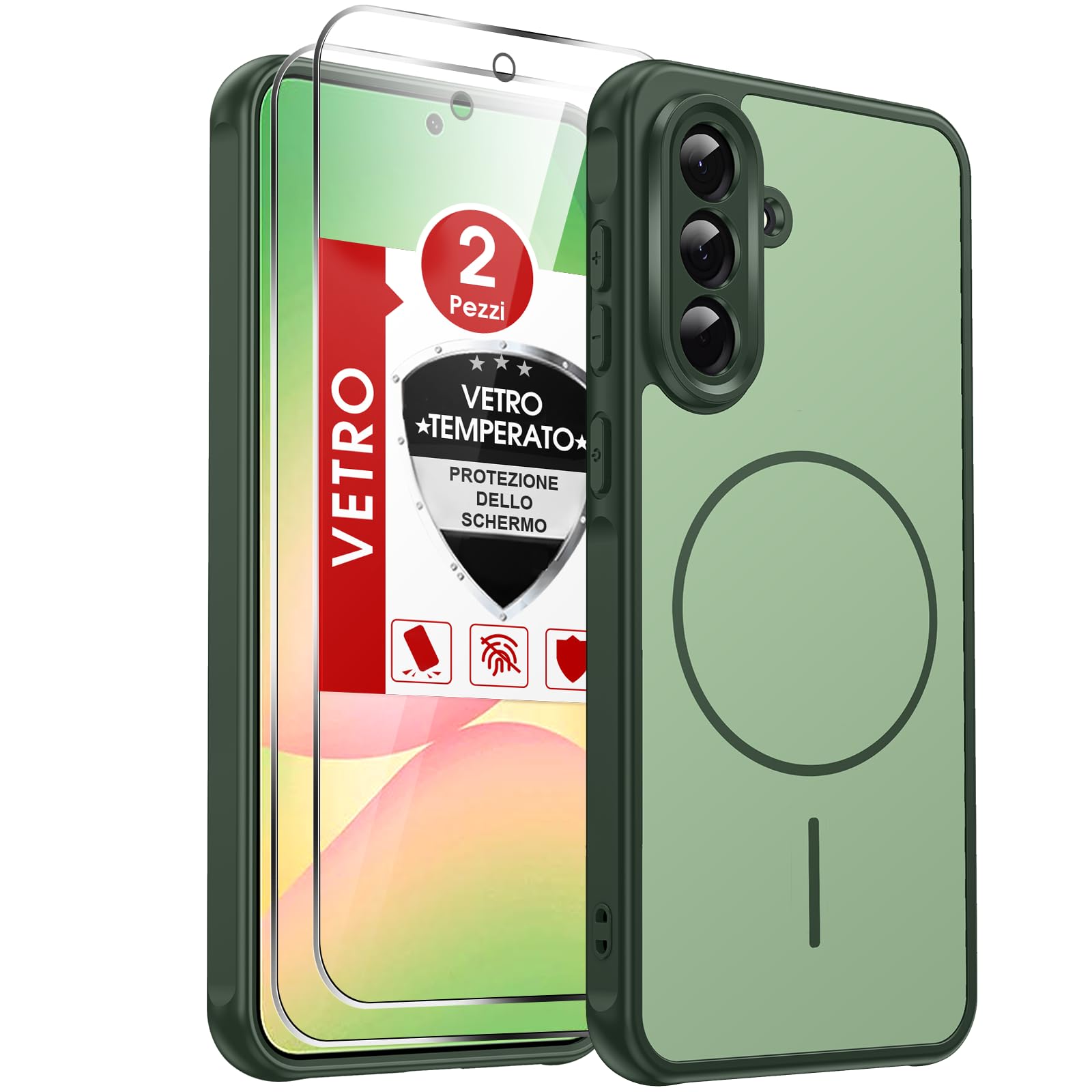 LeYi Cover Magnetica per Samsung A56 5G con Vetro Temperato(Verde bicolore) | Custodia per Galaxy A 56 Traslucida Opaca Anti-Impronte Resistente ai Graffi Paraurti in TPU Antiurto Protettiva Case