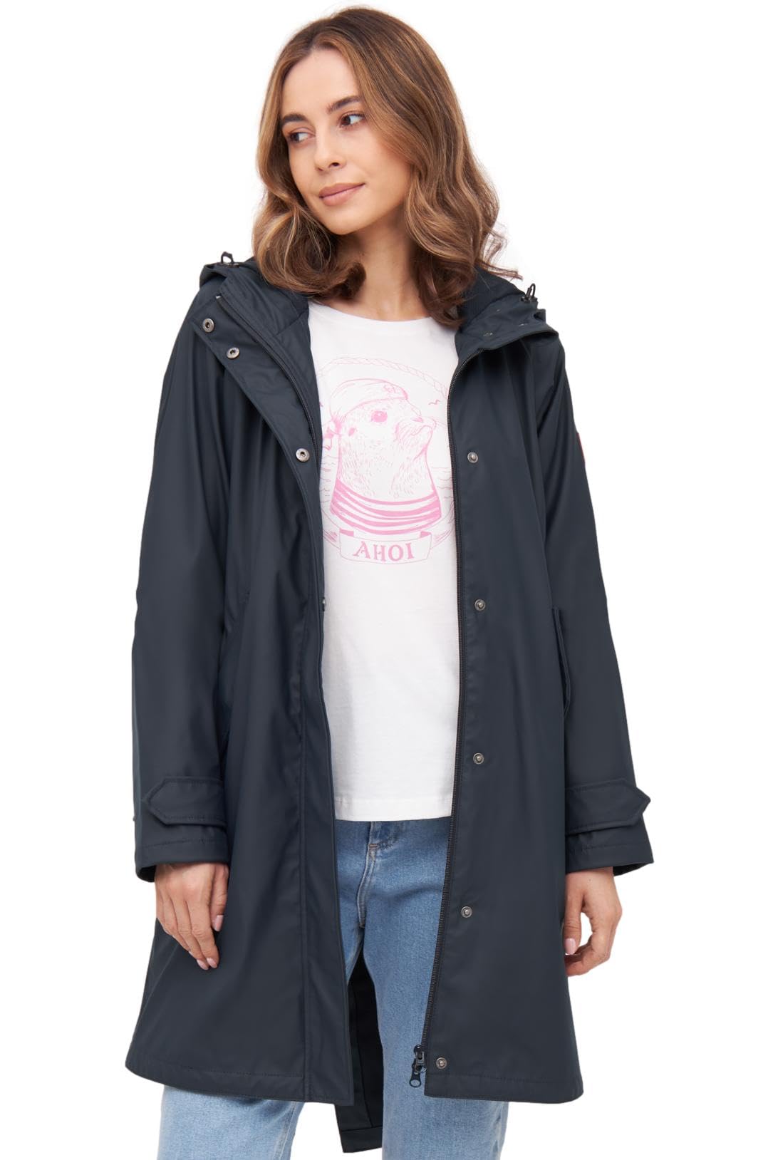 derbe Damen Regenjacke Traveby Plain - Blau 44 - Friesennerz | Frauen | Regenmantel | Mesh-Futter | Kurzmantel | Hamburg
