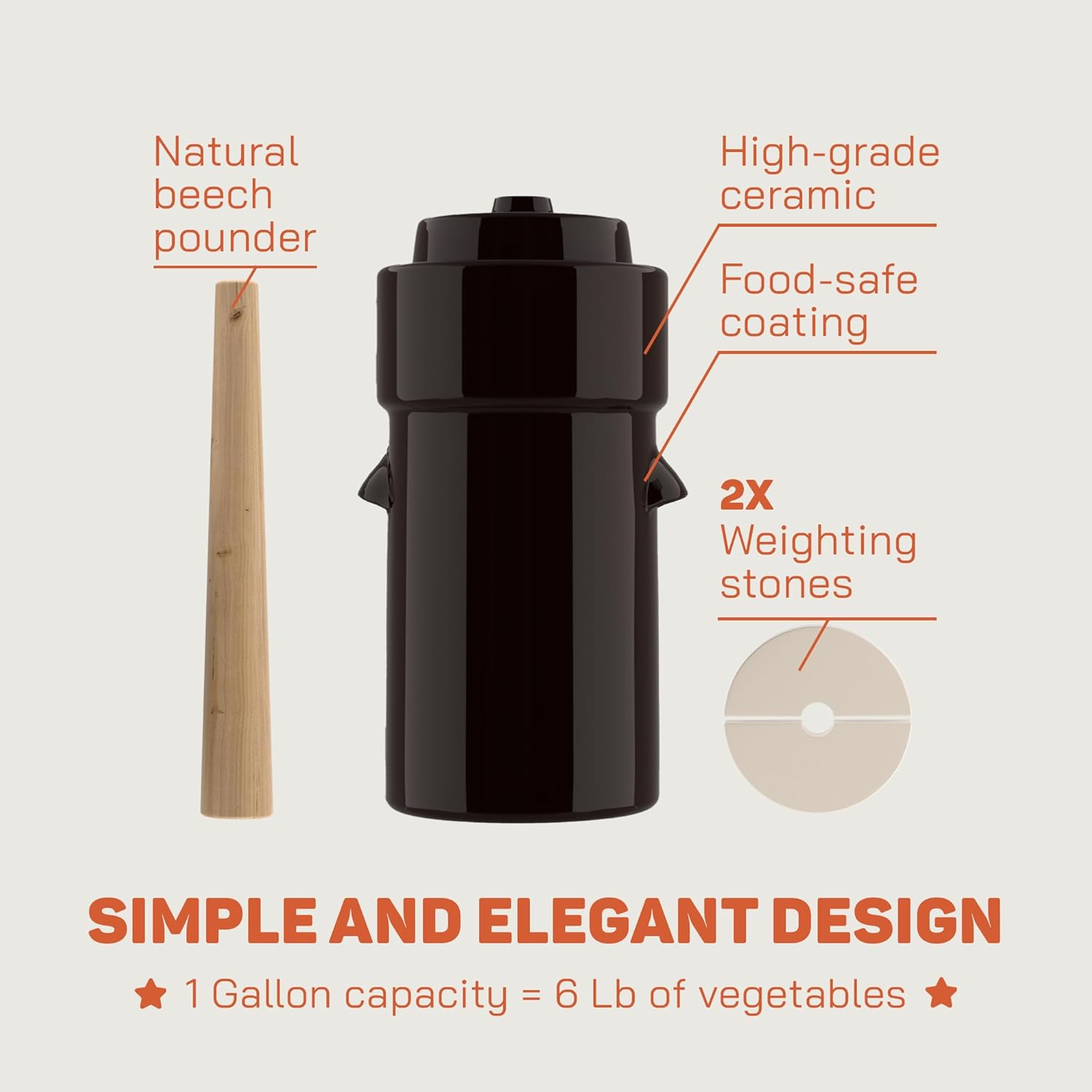 Fermentation Crock 1 Gallon - Sauerkraut Crock with Lid, Weights & Pounder - Ceramic Fermenting Crock Kit for Pickling Cabbage Kimchi Vegetables - 4 Liter Fermentation Jar - Stoneware Pickle Pot - Image 6