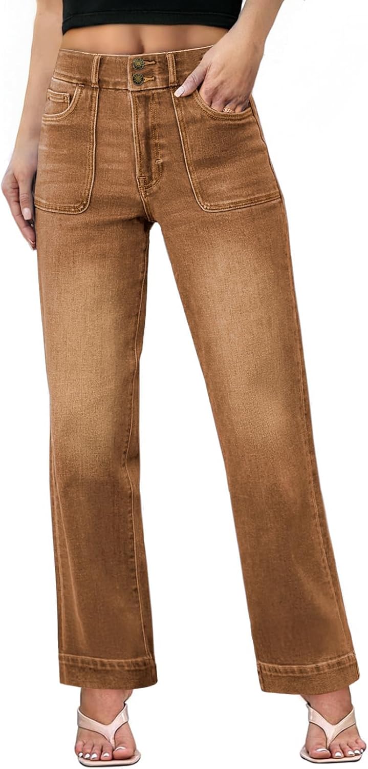 Sidefeel Women's Straight Leg Jeans High Waisted Stretchy Tummy Control Wide Leg Denim Pants Fall Outfits