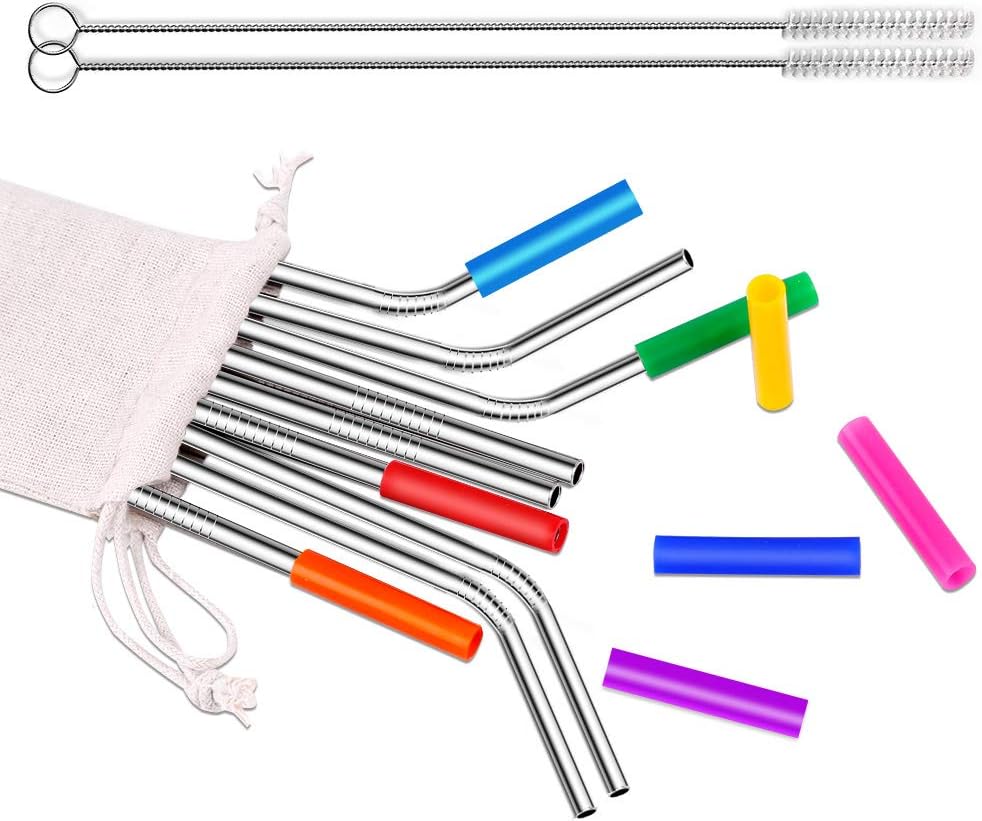 Stainless Steel Straws, Reusable Drinking Metal Straw with 2 Cleaning Brushes and Detachable Silicone Tips for Hot and Cold Drinks Eco Friendly Straws Ideal for Party and Home Travel, Set of 8