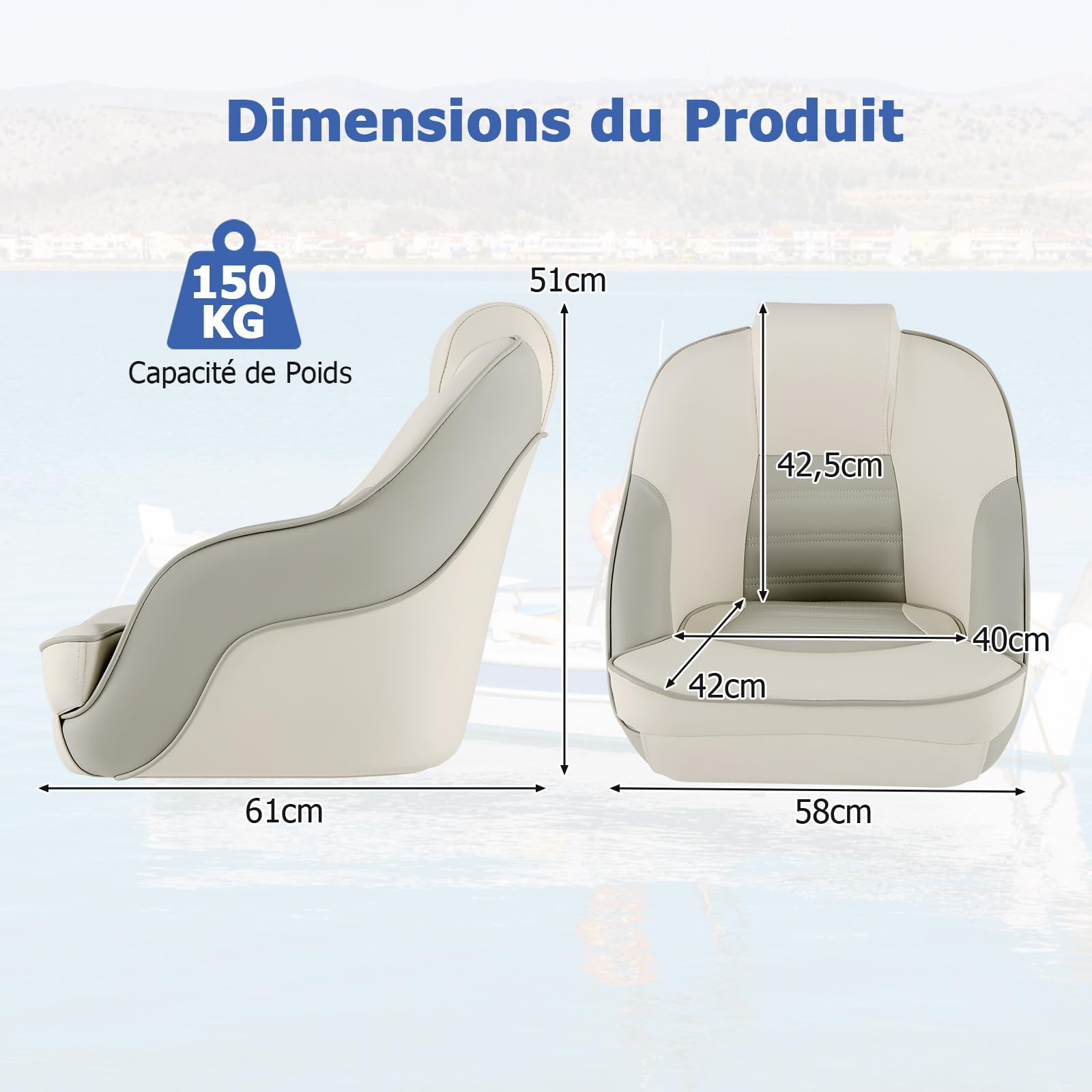 GYMAX Siège Baquet de Capitaine, Siège de Bateau Ponton Imperméable, Housse en Cuir PVC, Coussin en Eponge, Accoudoirs, Dossier, Chaise de Capitaine, pour Bateau de Tourisme, de Pêche, Hors-Bord
