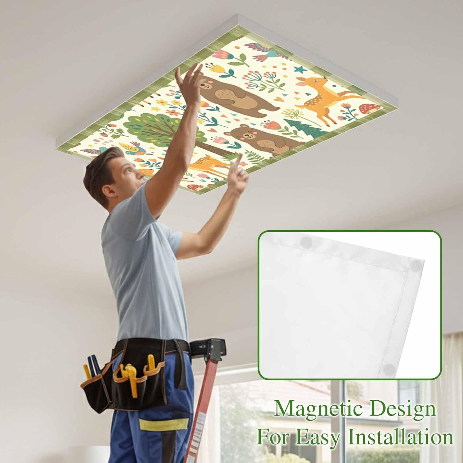 Green Beige Forest Animals Fluorescent Light Covers for Ceiling Lights 4x2 feet,4 Pack Magnetic Light Filters for Classroom,Cartoon Deer Bears Botanical Fluorescent Lamp Shade Panel for Office School