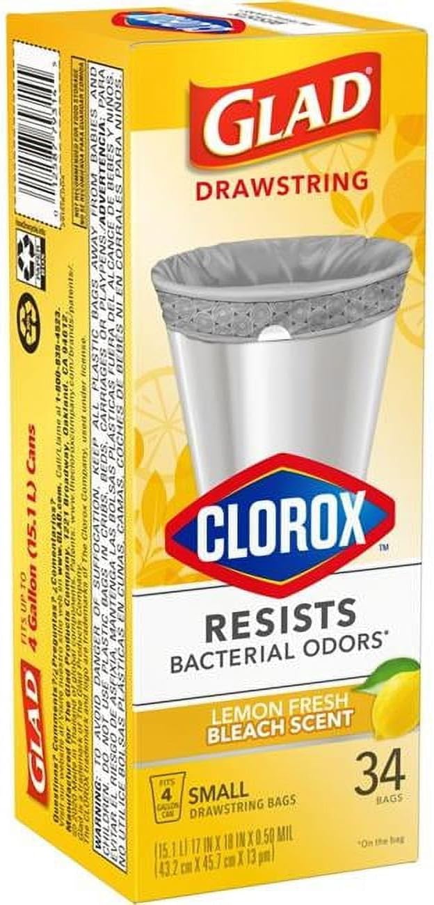 Glad 6030443 4 gal Lemon Scent Kitchen Trash Drawstring Bags - Case of 34 - Pack of 6
