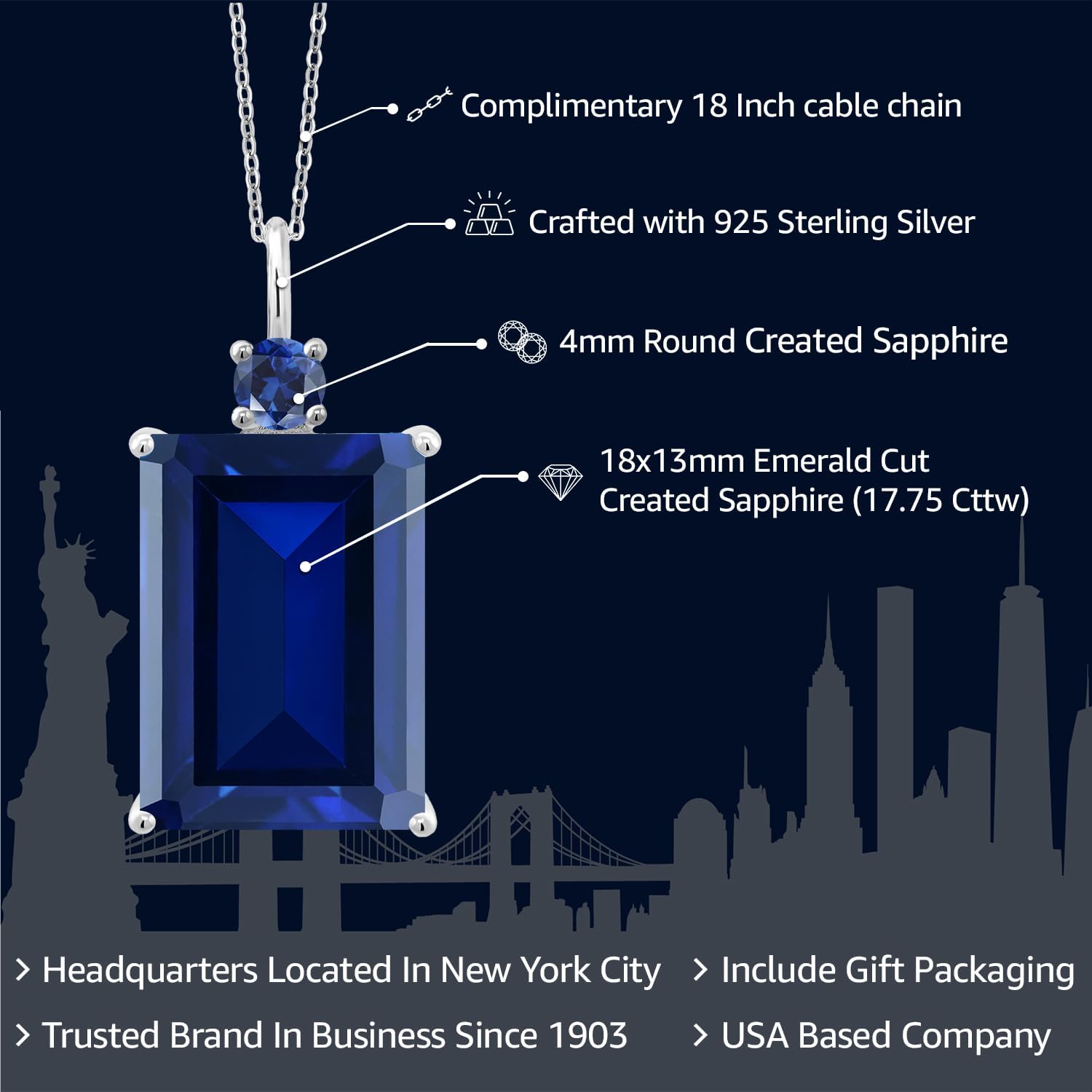 Gem Stone King 925 Sterling Silver Gemstone Birthstone Pendant Necklace for Women | Emerald Cut 18X13MM and Round 4MM | With 18 Inch Chain | Fine Jewelry for Her Mom Wife - Image 2