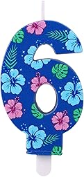 Bougie d'Anniversaire en Forme de Chiffre de Dessin Animé, Décoration Gâteau 3D Bleue Sur le Thème des Animés et d'Hawaï avec Motif Floral pour les Fêtes d'Enfants (Garçons et Filles) (Numéro 6)