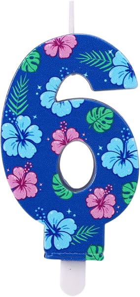 Bougie d'Anniversaire en Forme de Chiffre de Dessin Animé, Décoration Gâteau 3D Bleue Sur le Thème des Animés et d'Hawaï avec Motif Floral pour les Fêtes d'Enfants (Garçons et Filles) (Numéro 6) - 1
