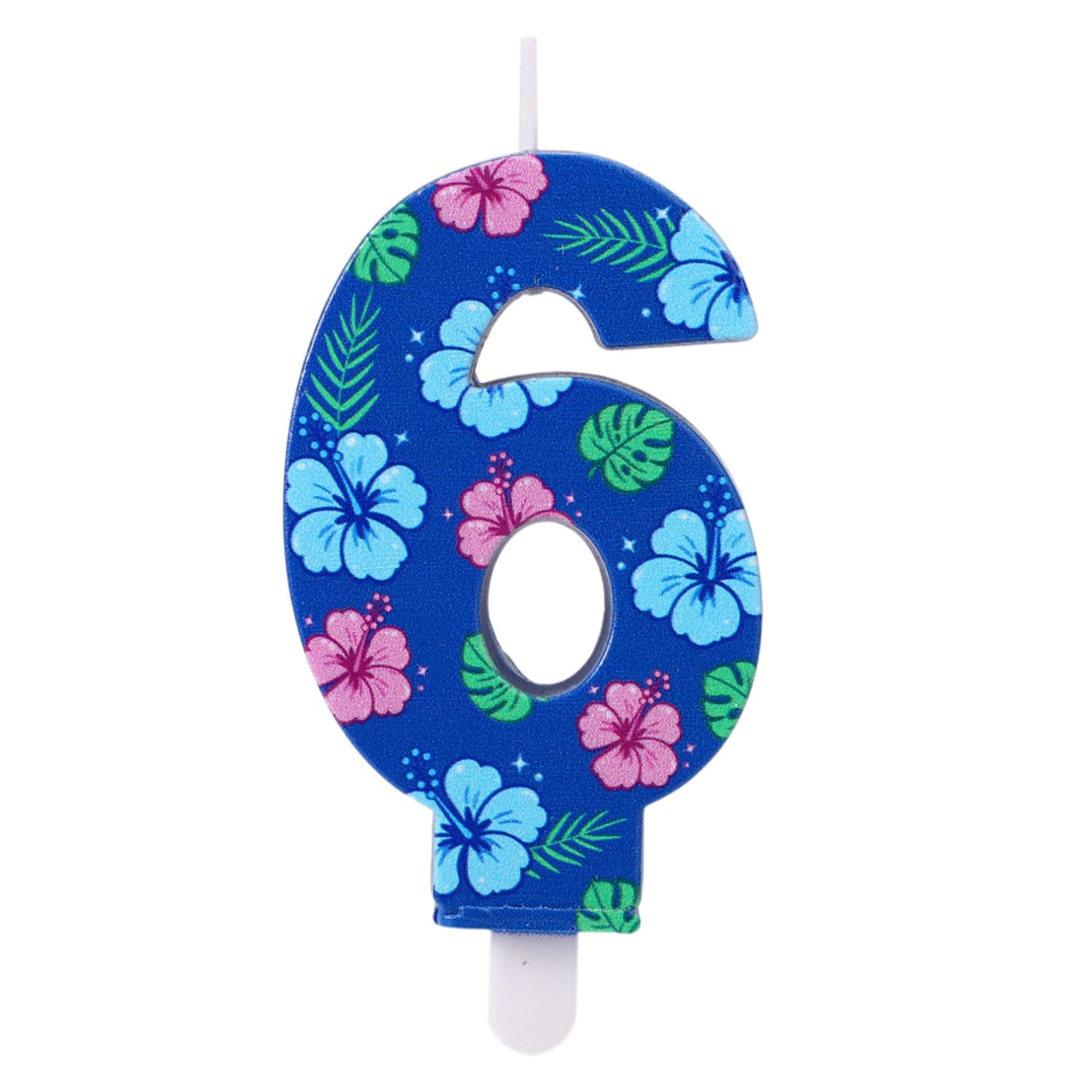 Bougie d'Anniversaire en Forme de Chiffre de Dessin Animé, Décoration Gâteau 3D Bleue Sur le Thème des Animés et d'Hawaï avec Motif Floral pour les Fêtes d'Enfants (Garçons et Filles) (Numéro 6) - 1