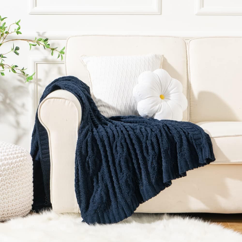 Battilo Navy BlueThrow Blanket for Couch, 51"x67", Chenille Knit Throw Blanket, Super Soft Warm Blanket, Decorative Christmas Textured Throw Blanket for Bed,Living Room
