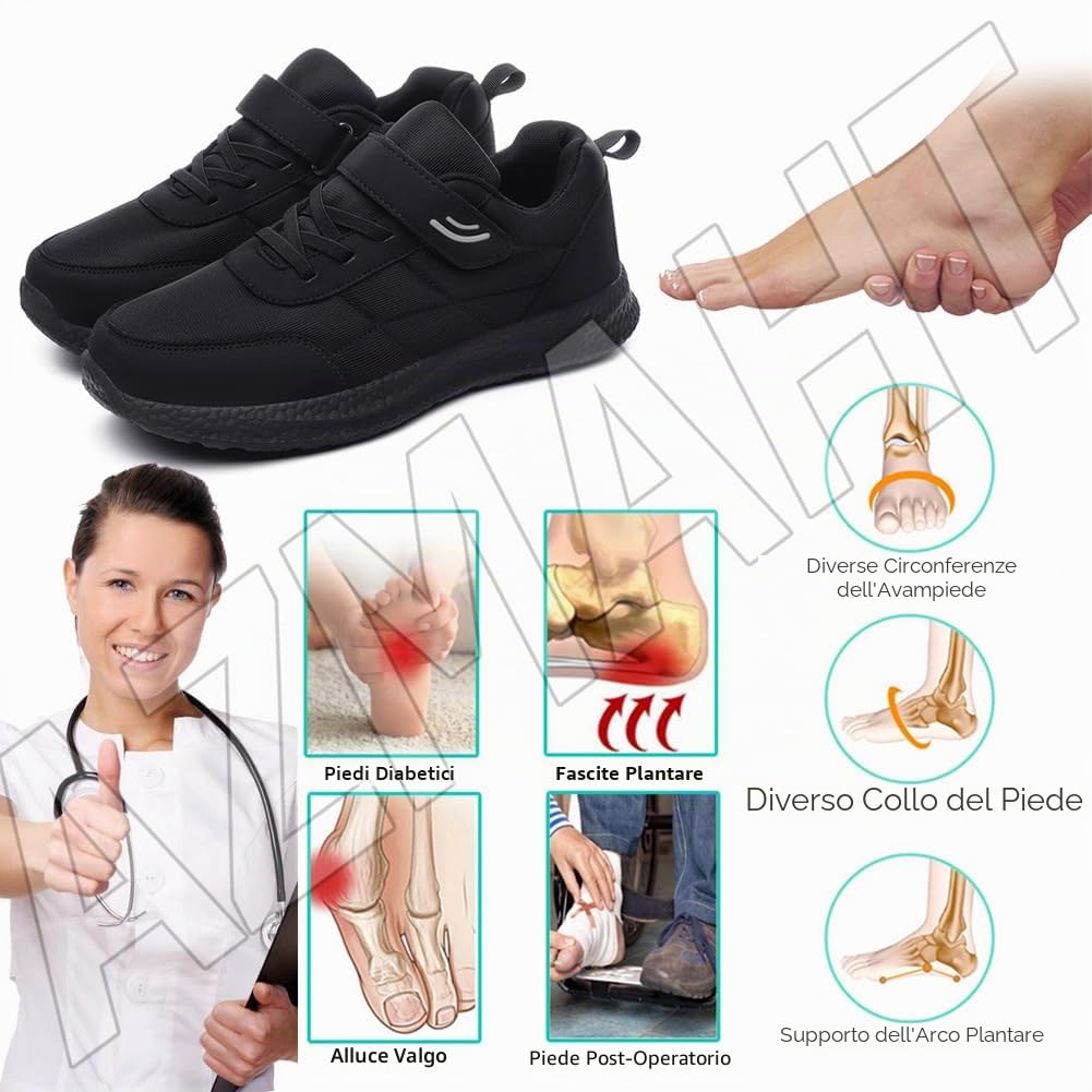 Scarpe Diabetici Donna Scarpe Uomo Ortopediche Extra Larga per Uomo Scarpe con Chiusura Facile Scarpe in Pelle per Diabetici Regolabili per Piedi Gonfi,Nero,39/245mm