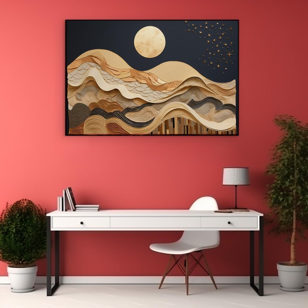 Canvas for Living Room. Illuminating Elegance: Golden Moonlight Over Waves of Altitude, 27 x 18 inch Canvas Wall Art - Contemporary Masterpieces - Modern Home Decor