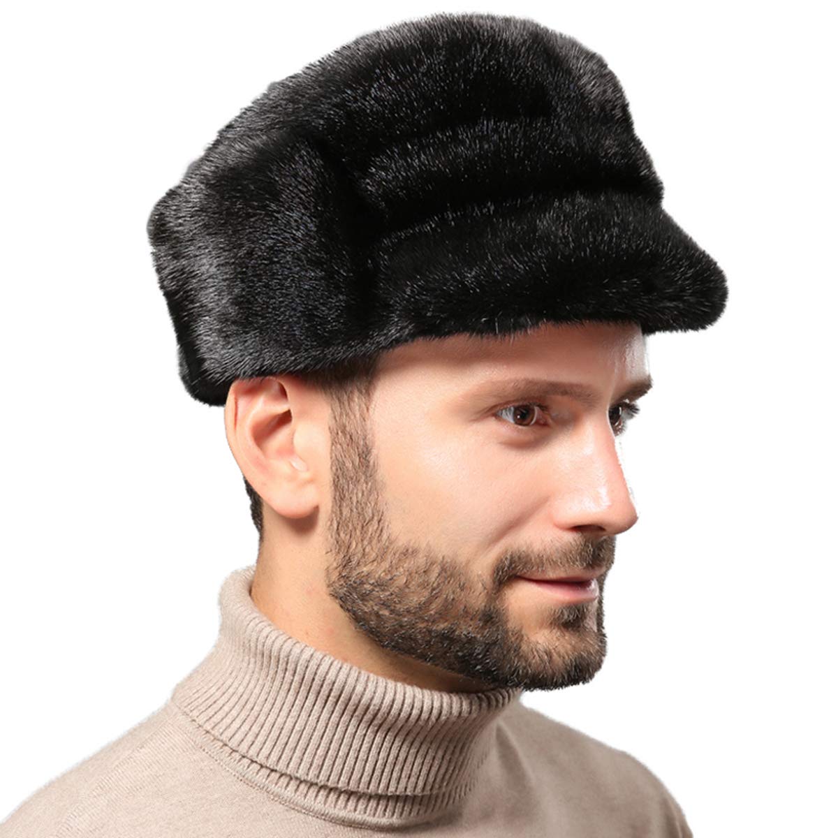 Hat Men's Genuine Mink Hair Hat Snow Hat Ushanka Winter Warm Outdoor (Black 3)