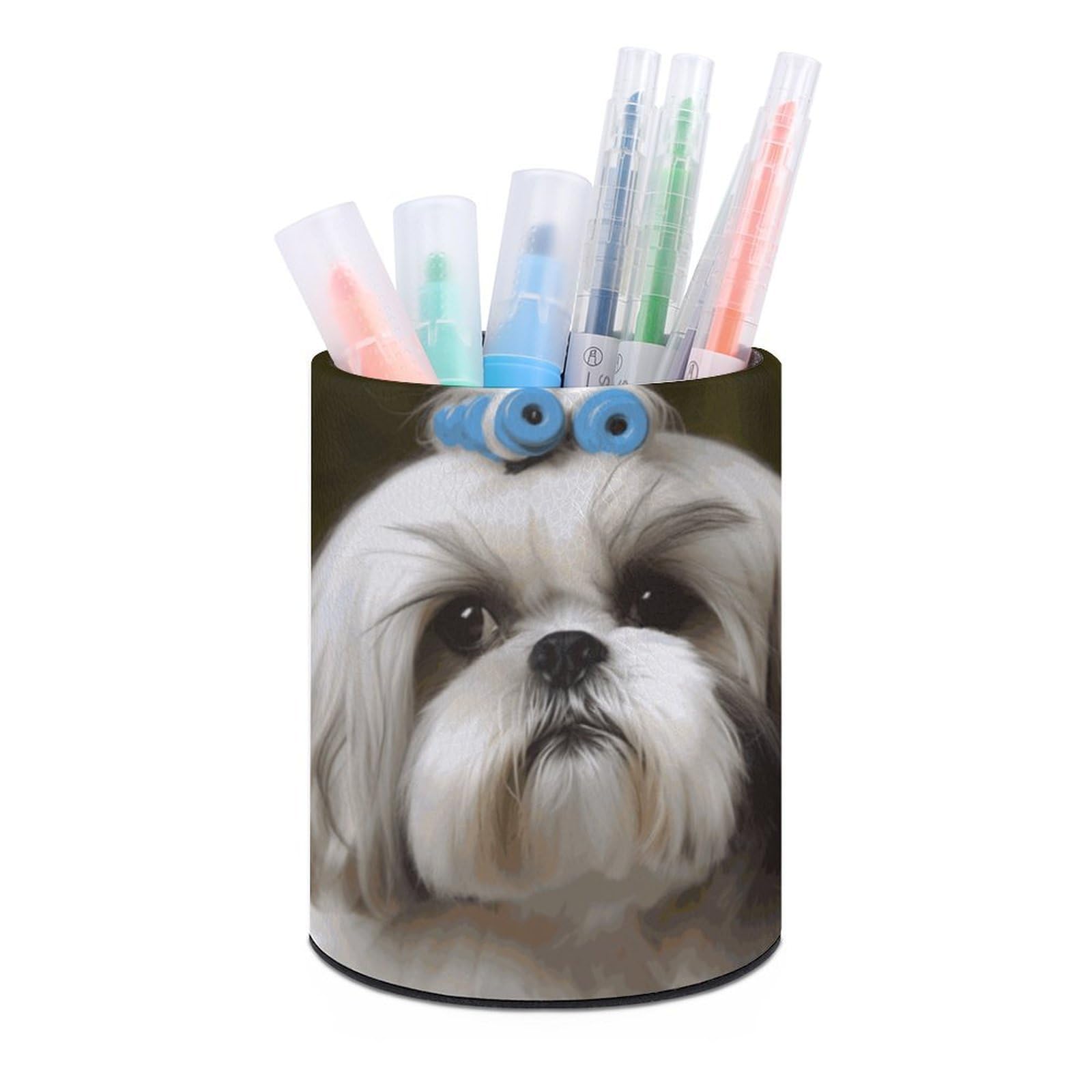 VstaDank Shih Tzu Dog Pen Holder PU Leather Pencil Cup Minimalist Desk Pencil Holder Round Make Up Brush Organizers For Office Dorm Room&Vanity Desk Accessories